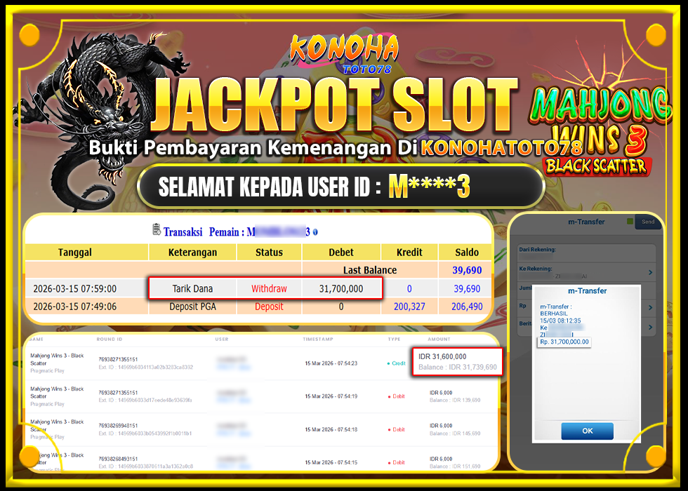 KONOHATOTO78 JACKPOT MAHJONG WINS 3 BLACK SCATTERRp.Rp.31.700.000,- LUNAS